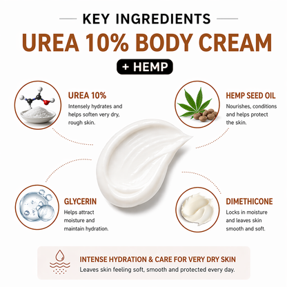 Urea Cream 10% with Hemp oil, for Very Dry Skin & Cracked Heels, Deep Moisturising Foot & Body Cream - 3 x 100 ml