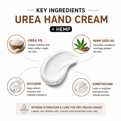 Urea Cream 5% with Hemp Oil, Moisturising & Nourishing Hand Cream, Fast Absorbing Non Greasy Formula for Dry Hands - 50 ml - 3 x 50 ml