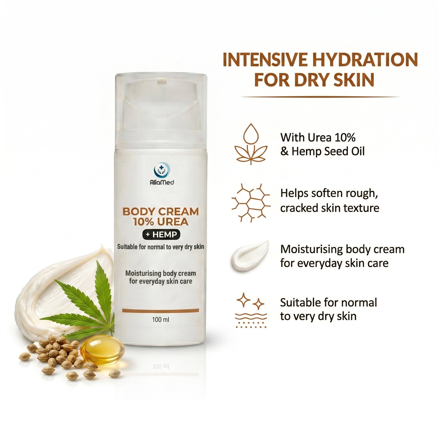 Urea Cream 10% with Hemp oil, for Very Dry Skin & Cracked Heels, Deep Moisturising Foot & Body Cream - 3 x 100 ml