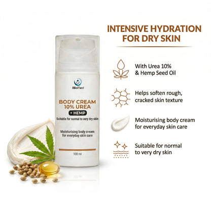 Urea Cream 10% with Hemp oil, for Very Dry Skin & Cracked Heels, Deep Moisturising Foot & Body Cream - 3 x 100 ml