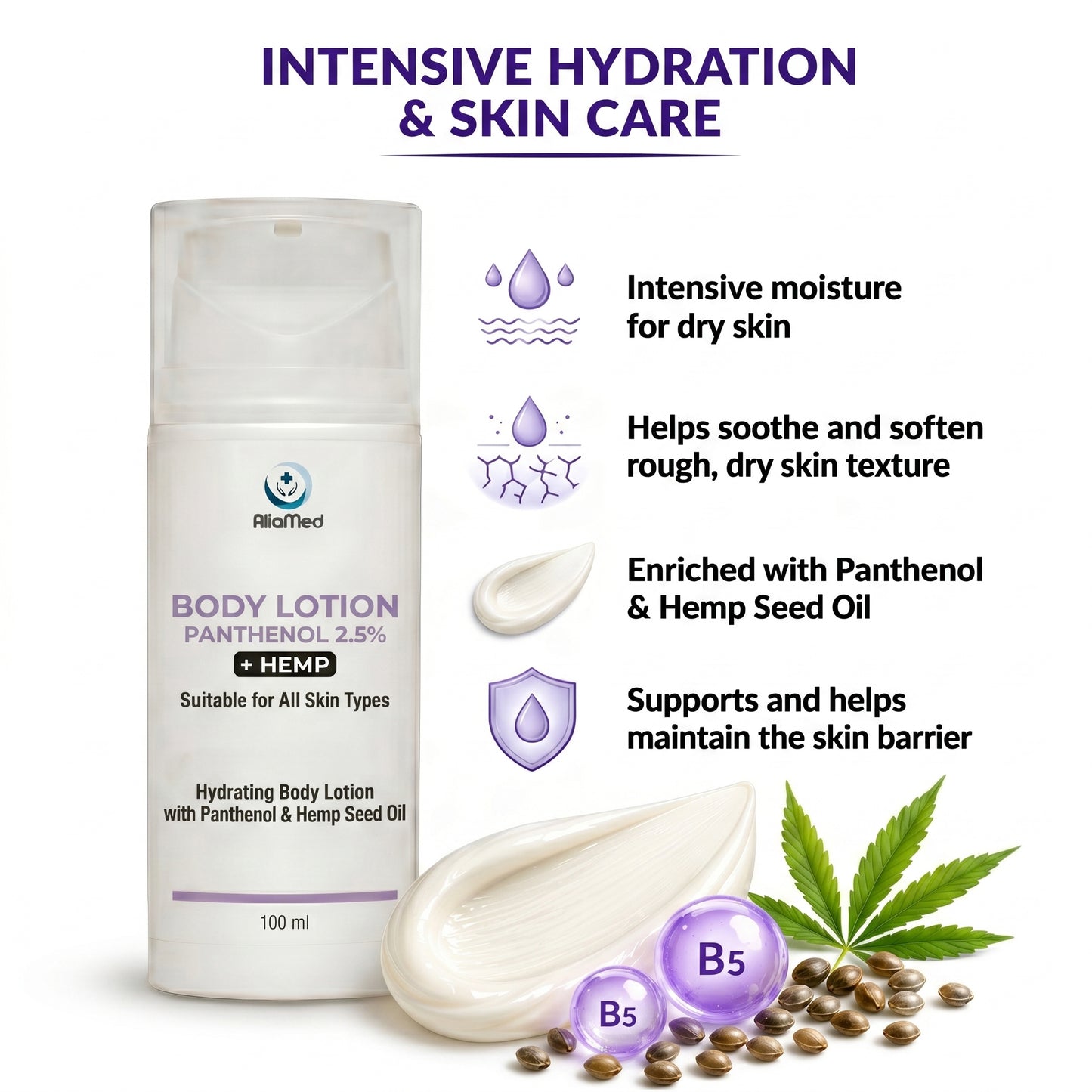 Lozione per il corpo Pantenolo 2,5% + CBD Isolate 100 ml, idratante
