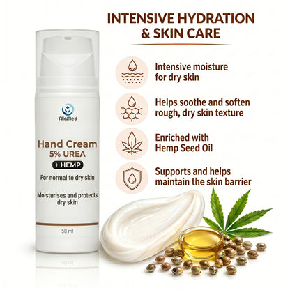 Urea Cream 5% with Hemp Oil, Moisturising & Nourishing Hand Cream, Fast Absorbing Non Greasy Formula for Dry Hands - 50 ml - 3 x 50 ml