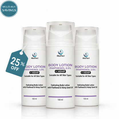 Body Lotion Panthenol 2.5% with Hemp Oil, Lightweight Moisturising & Hydrating Daily Body Moisturiser, Botanical Formula - 3 x 100 ml