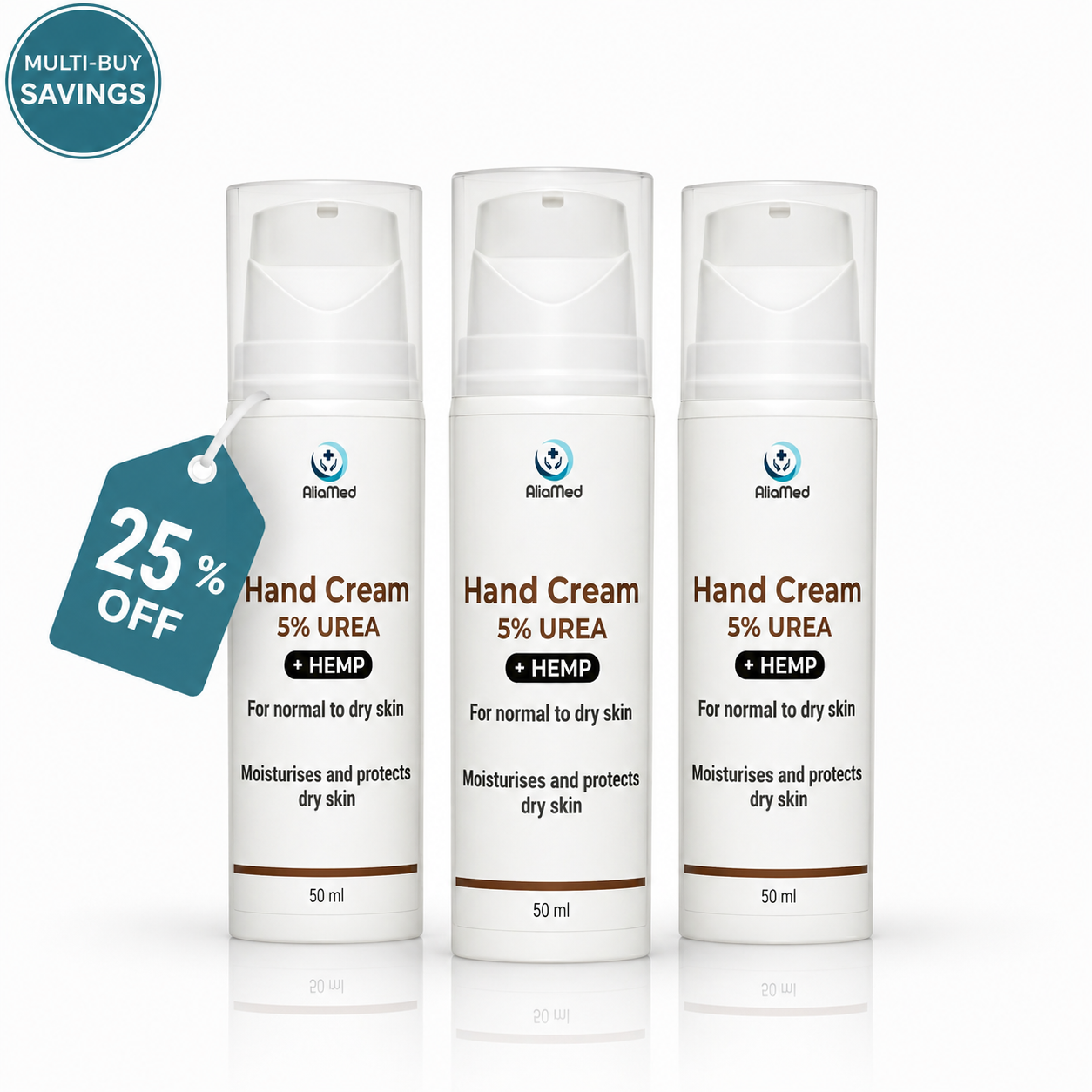 Urea Cream 5% with Hemp Oil, Moisturising & Nourishing Hand Cream, Fast Absorbing Non Greasy Formula for Dry Hands - 50 ml - 3 x 50 ml