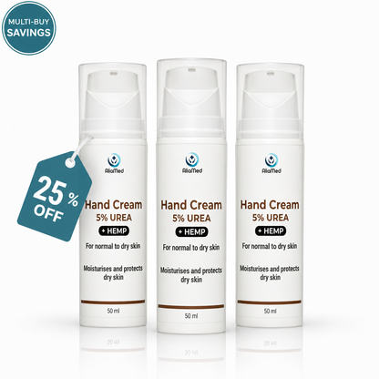 Urea Cream 5% with Hemp Oil, Moisturising & Nourishing Hand Cream, Fast Absorbing Non Greasy Formula for Dry Hands - 50 ml - 3 x 50 ml